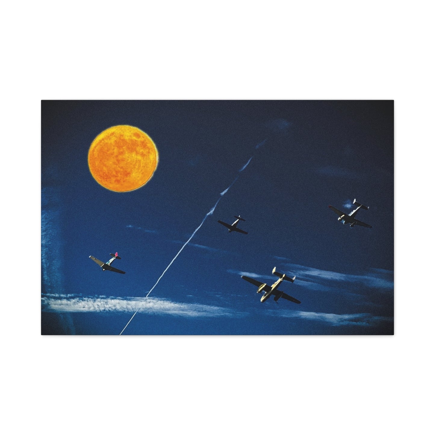 Vintage Aviation Moon Canvas Print — Planes Over Night Sky Matte Stretched Wall Art
