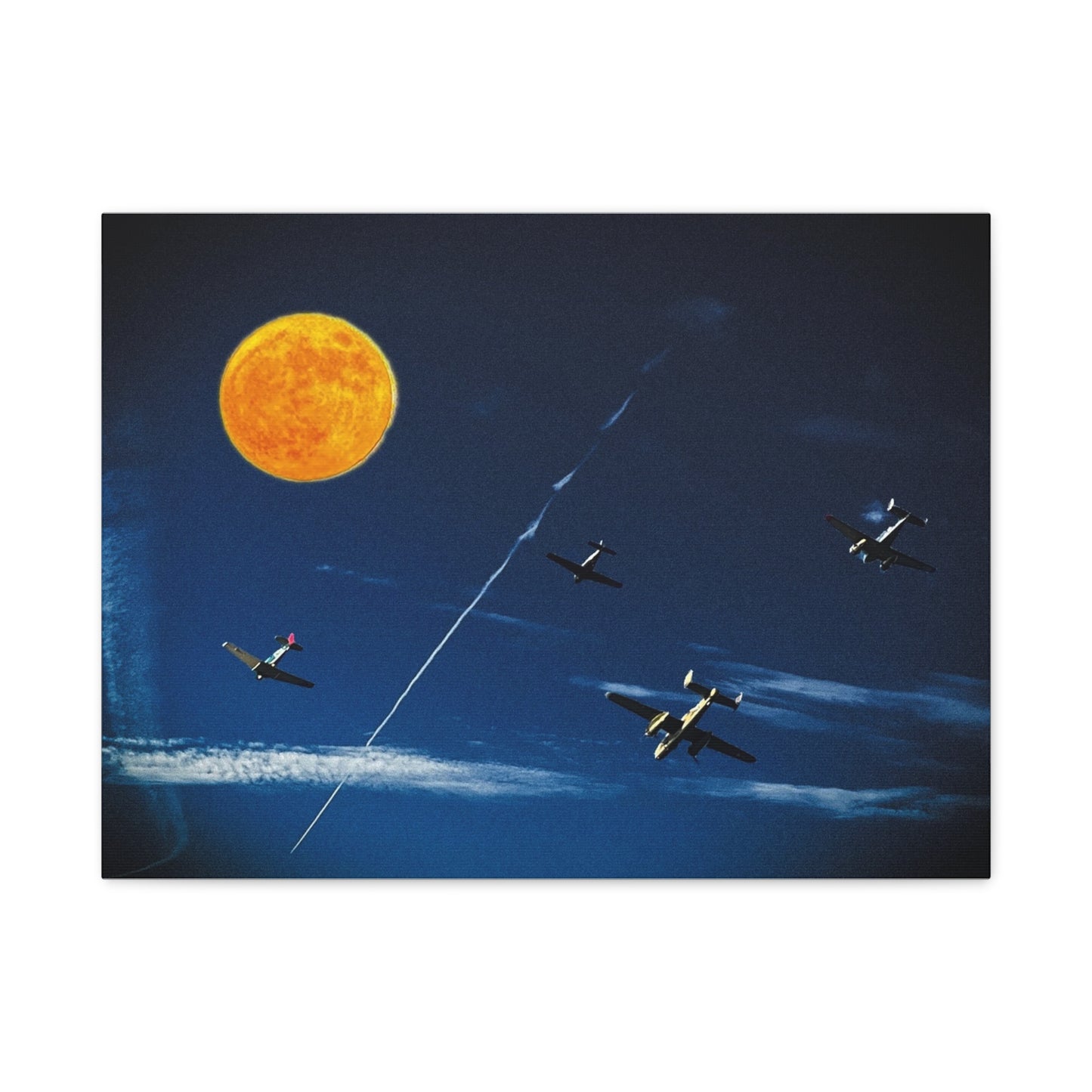 Vintage Aviation Moon Canvas Print — Planes Over Night Sky Matte Stretched Wall Art