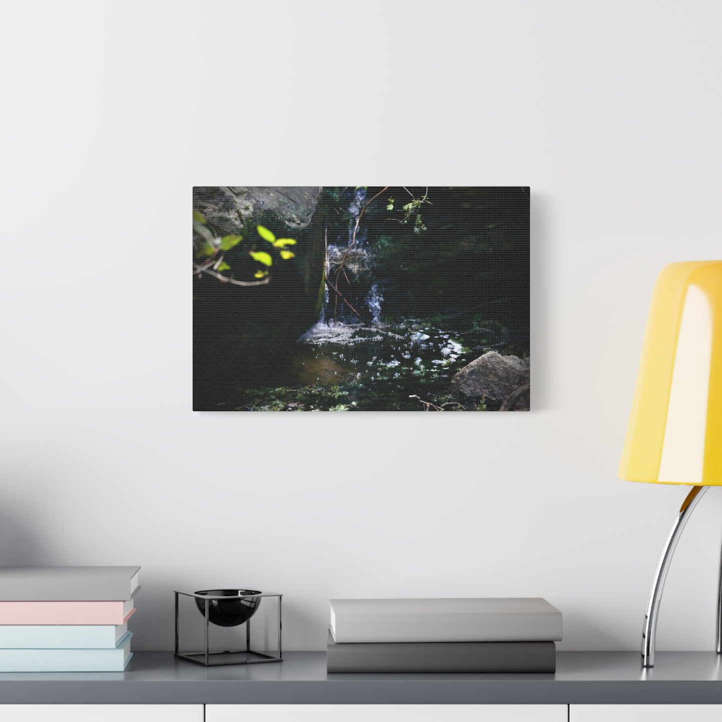 Mountain Waterfall Matte Stretched Canvas Print — Tranquil Woodland Waterfall Photography