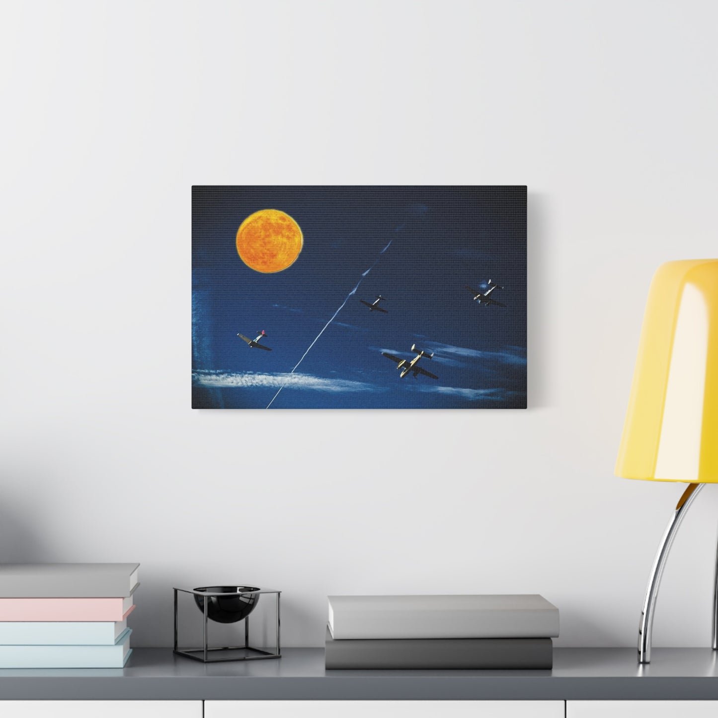 Vintage Aviation Moon Canvas Print — Planes Over Night Sky Matte Stretched Wall Art