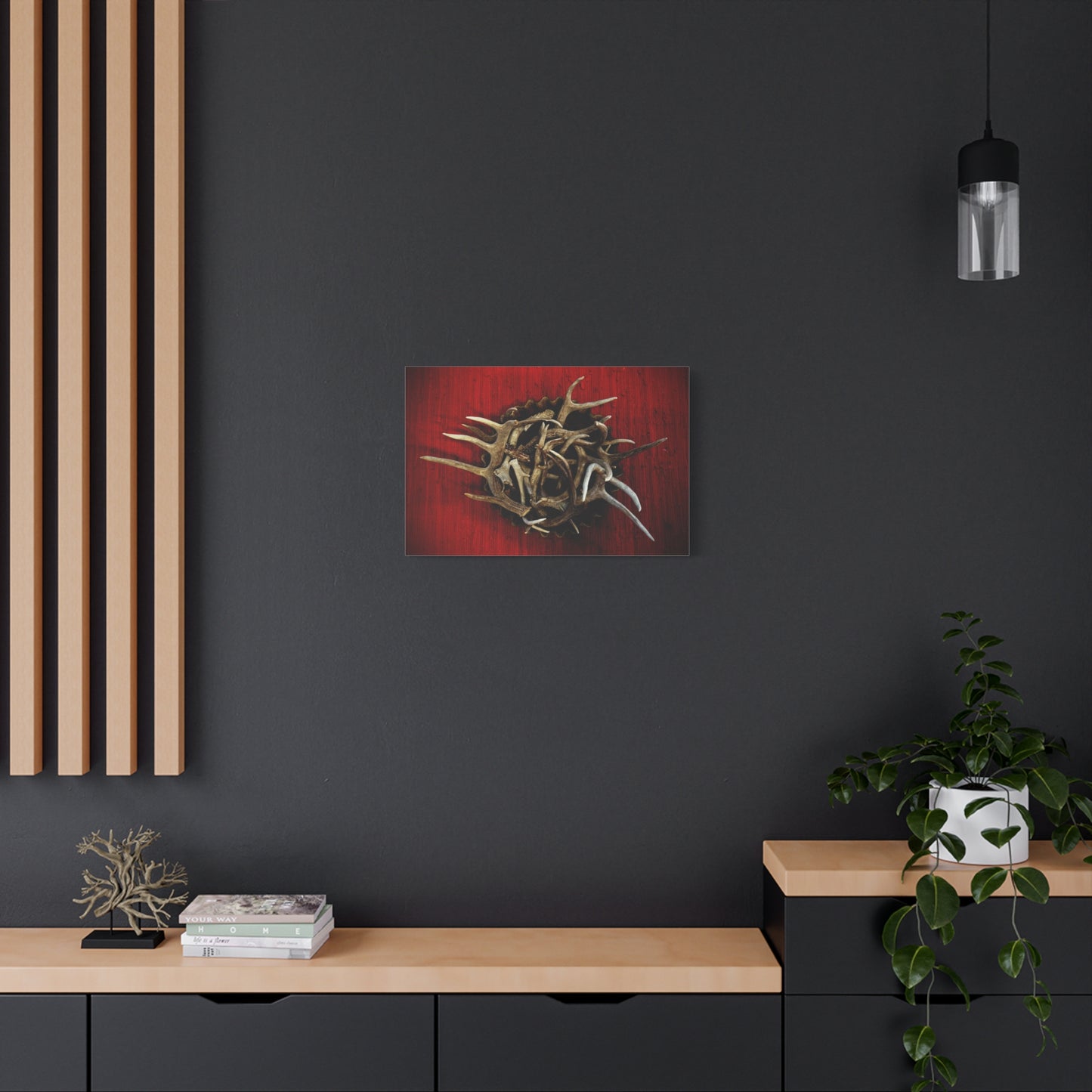 Antler Crown Wall Art — Rustic Red Matte Canvas (Stretched 1.25")