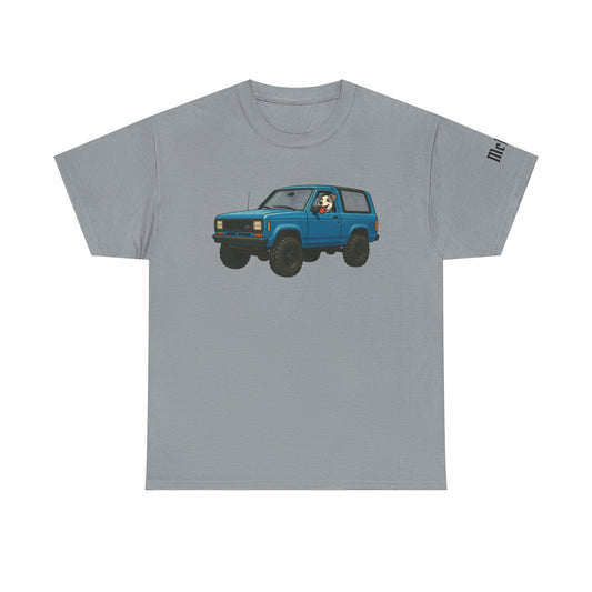 Blue Bronco II Off-Road SUV Tee — Cute Dog Driver Graphic T-Shirt