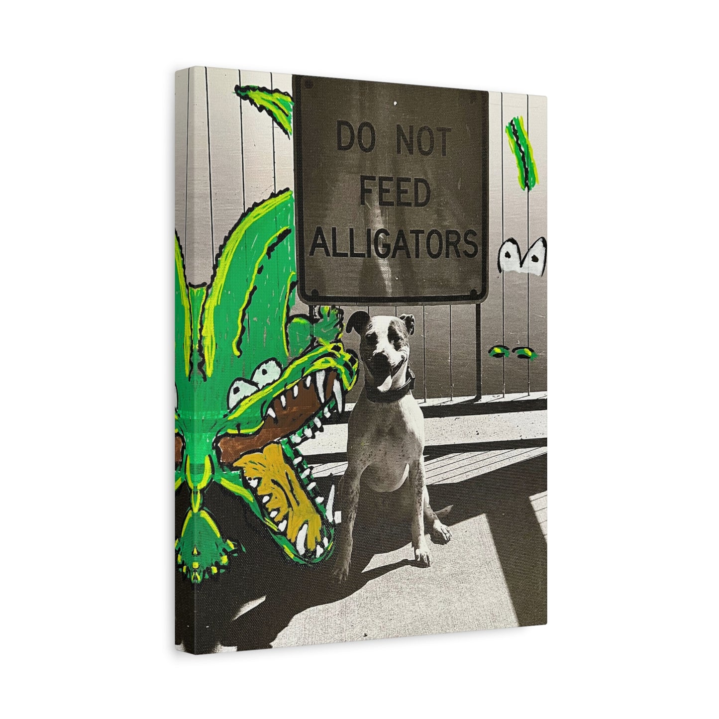 Do Not Feed Alligators Canvas Wall Art — Playful Dog & Cartoon Gator Print
