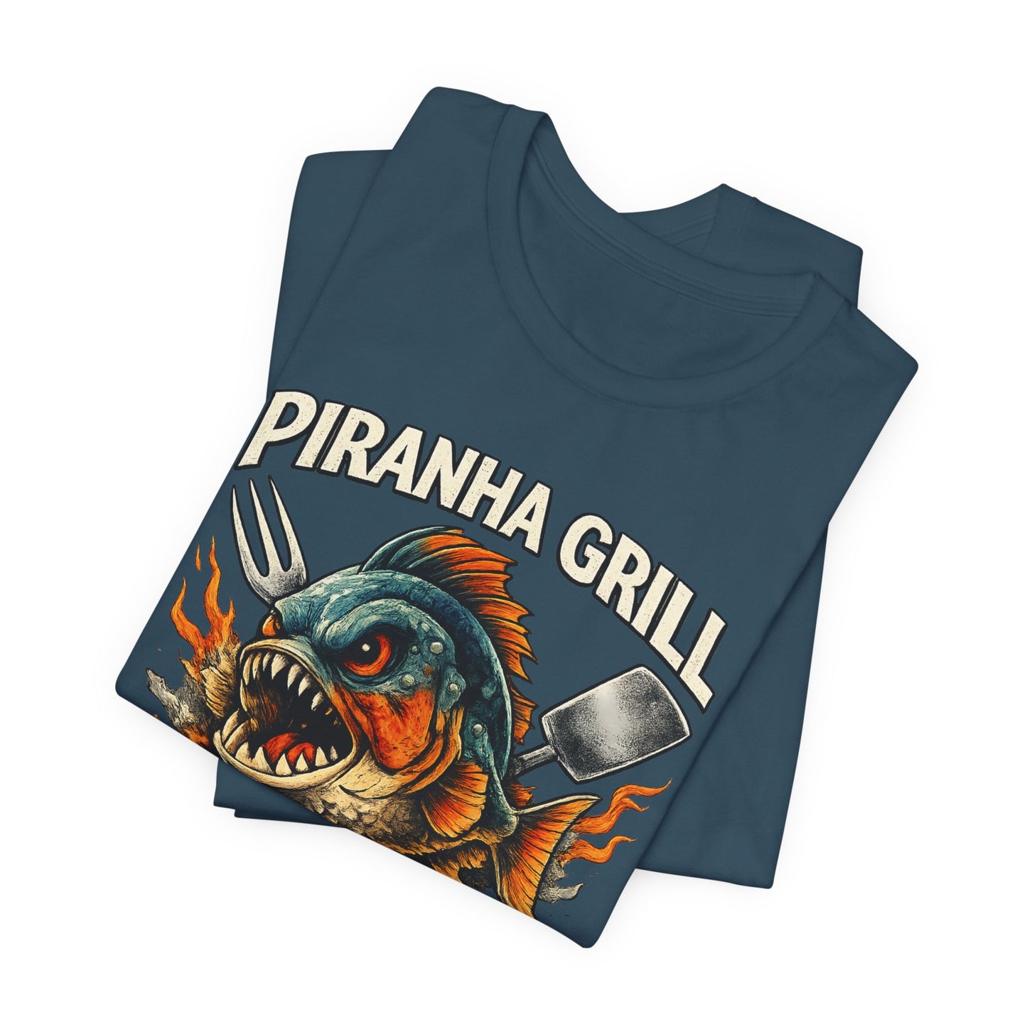 Piranha Grill T‑Shirt — 'Piranha Grill: Fixings for the Munchies' Retro BBQ Tee