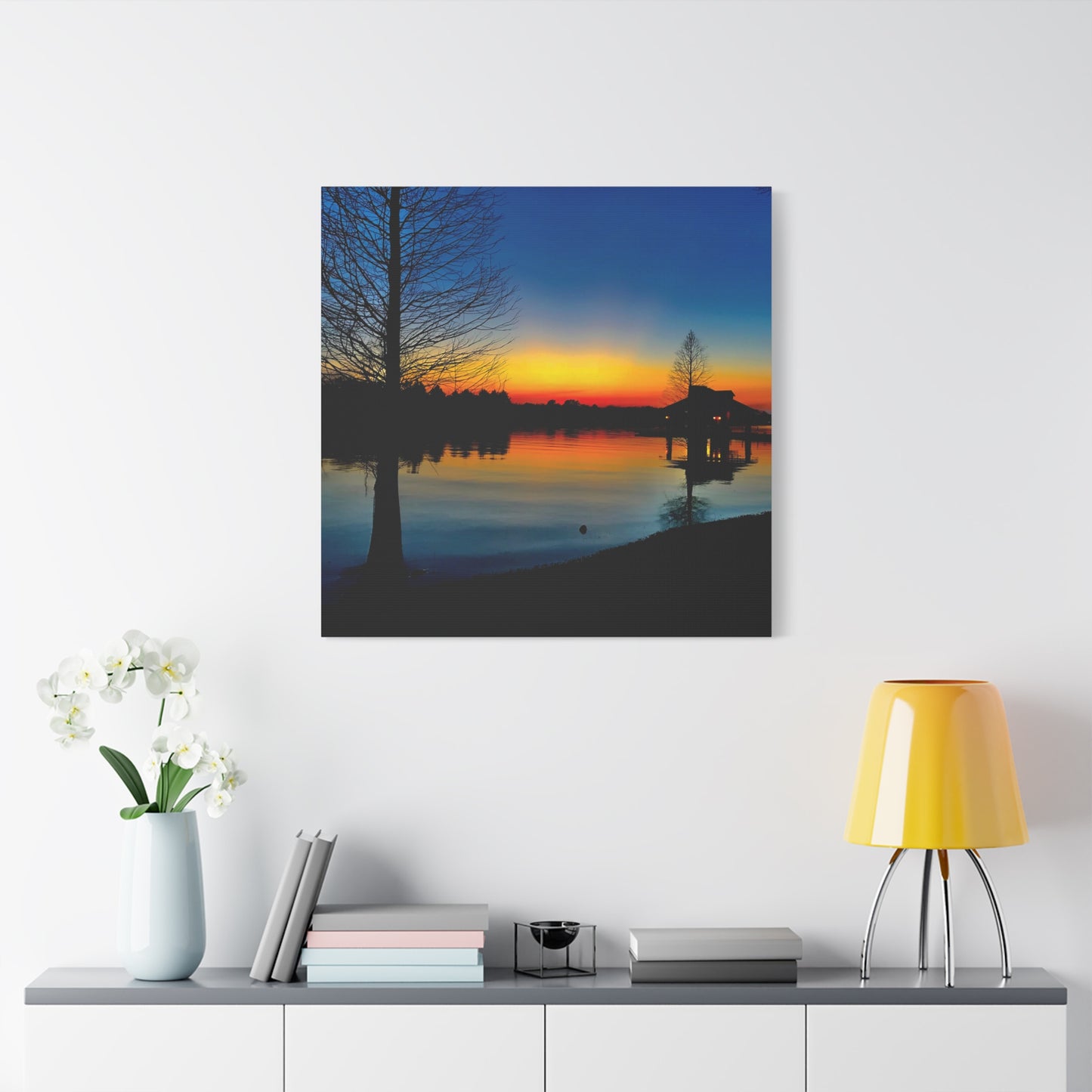 Sunset Lake Canvas Wall Art — Tranquil Silhouette Matte Stretched Canvas