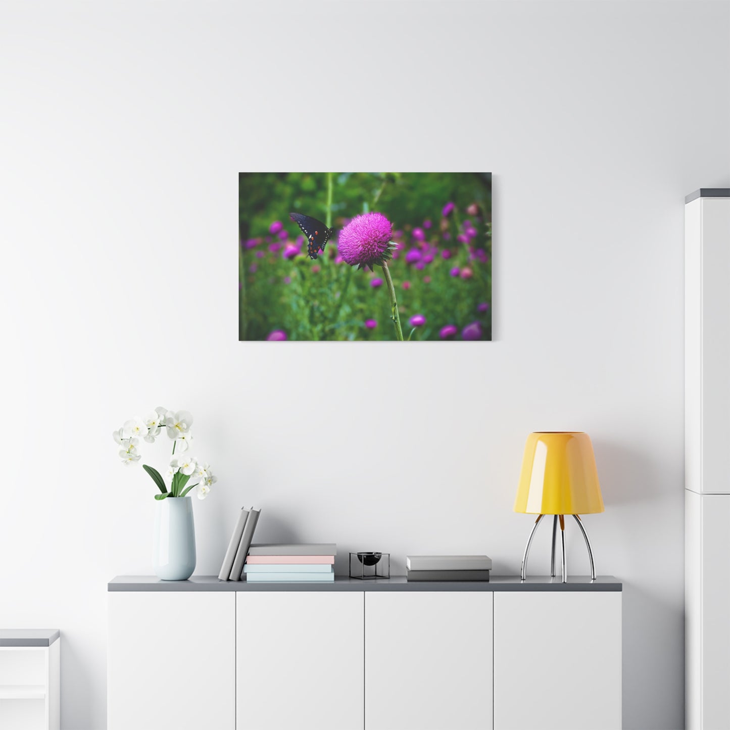 Butterfly on Pink Thistle Canvas Print — Floral Nature Wall Art