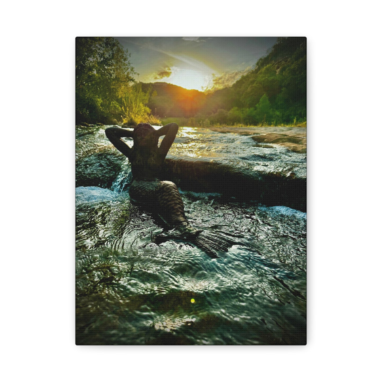 Sunset River Mermaid Canvas Wall Art — Matte Stretched Nature Print