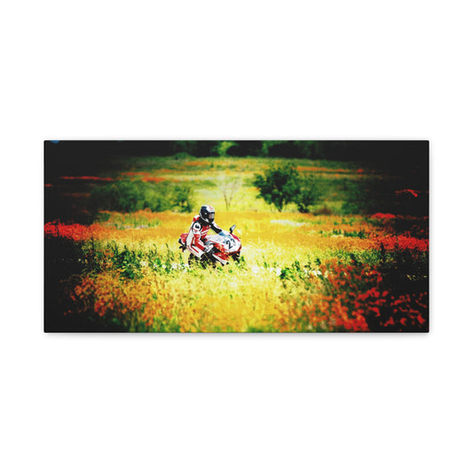 Motorcycle Racing Canvas Print — Rider in Wildflower Field Matte Stretched Art