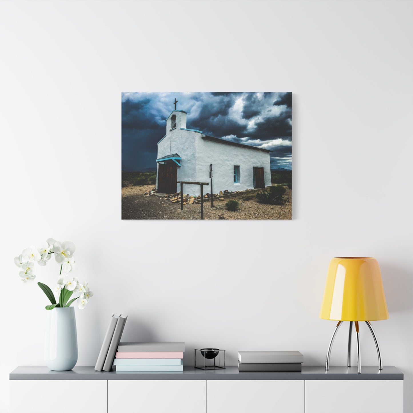 Desert Mission West Texas White Church Matte Canvas Wall Art — Southwestern Storm Landscape