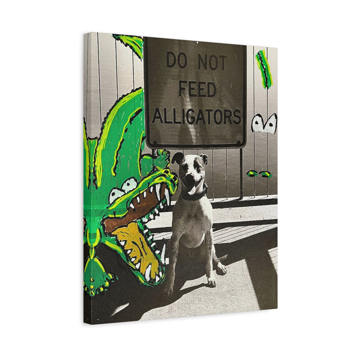 Do Not Feed Alligators Canvas Wall Art — Playful Dog & Cartoon Gator Print