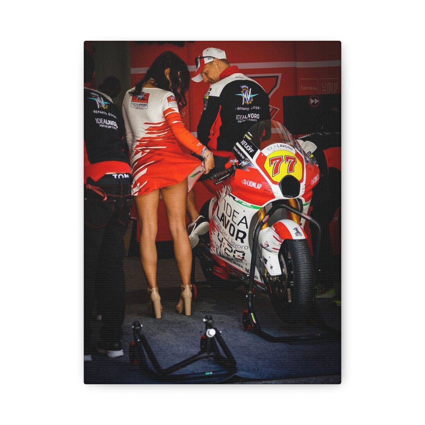 Motorbike Pit Crew Canvas Print — Racing Team Garage Scene