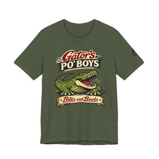 Gator's Po'Boys 'Bites and Boots' Graphic Tee - Cajun Alligator Restaurant Shirt