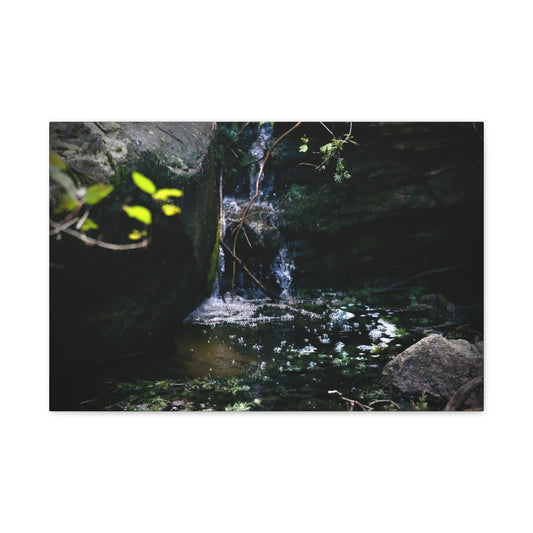 Mountain Waterfall Matte Stretched Canvas Print — Tranquil Woodland Waterfall Photography