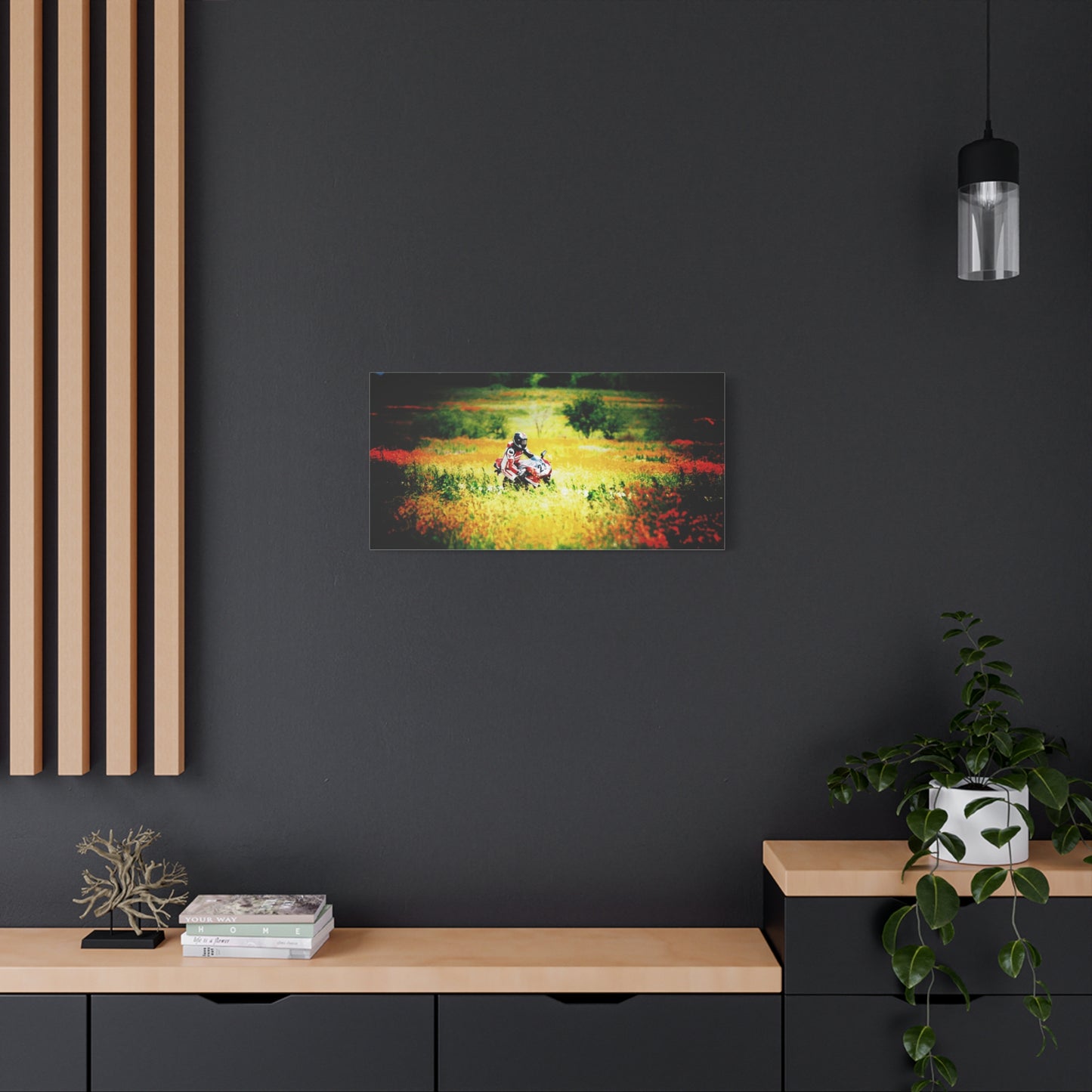 Motorcycle Racing Canvas Print — Rider in Wildflower Field Matte Stretched Art