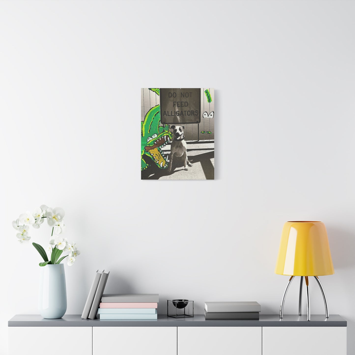 Do Not Feed Alligators Canvas Wall Art — Playful Dog & Cartoon Gator Print