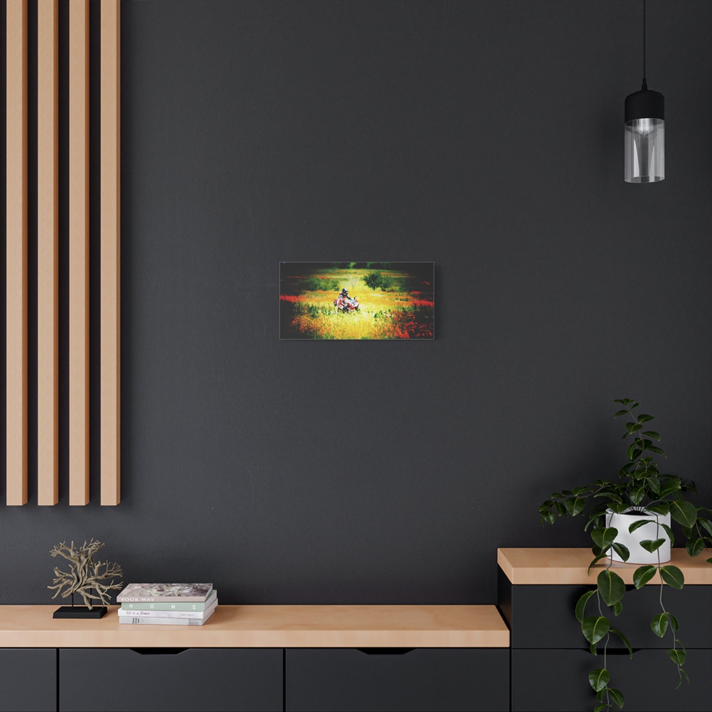 Motorcycle Racing Canvas Print — Rider in Wildflower Field Matte Stretched Art