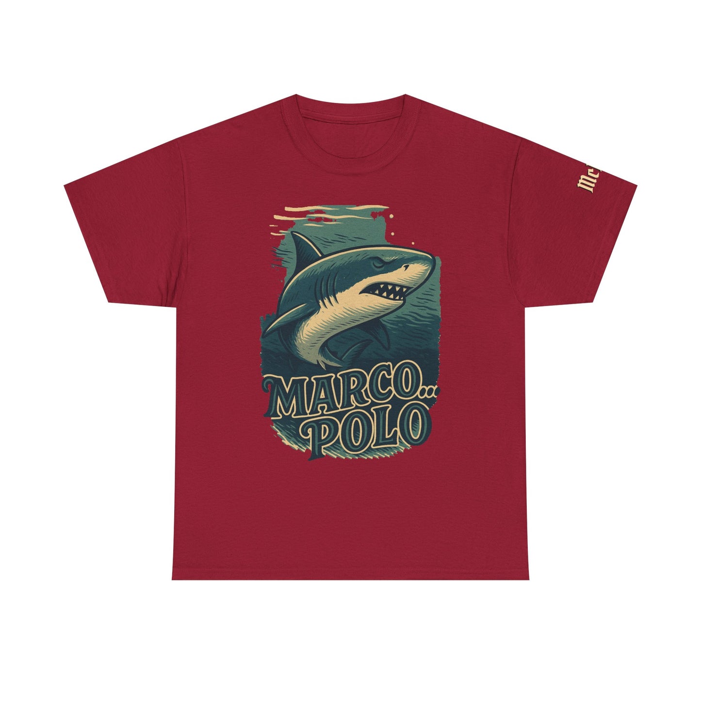 Shark “Marco Polo” Graphic T-Shirt — Retro Ocean Humor Tee