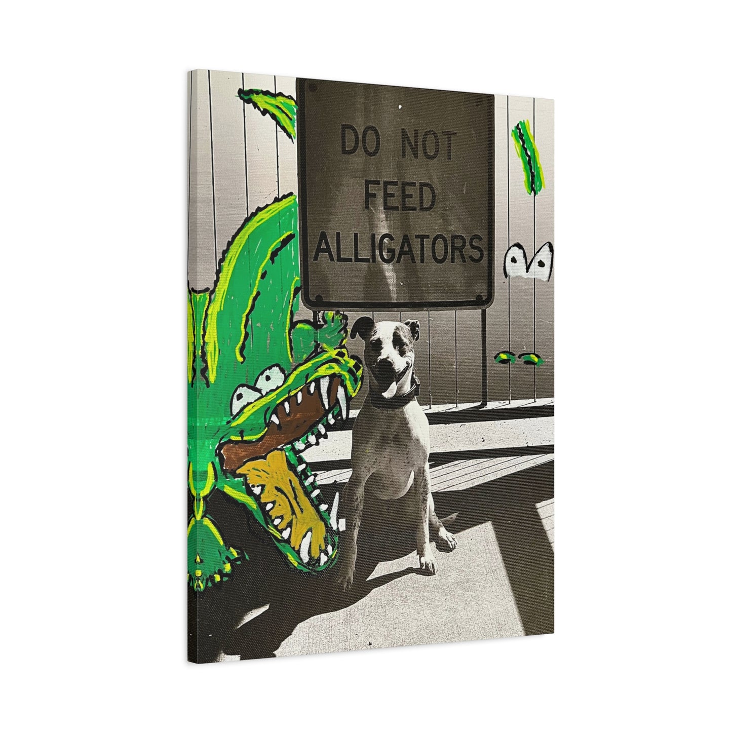 Do Not Feed Alligators Canvas Wall Art — Playful Dog & Cartoon Gator Print