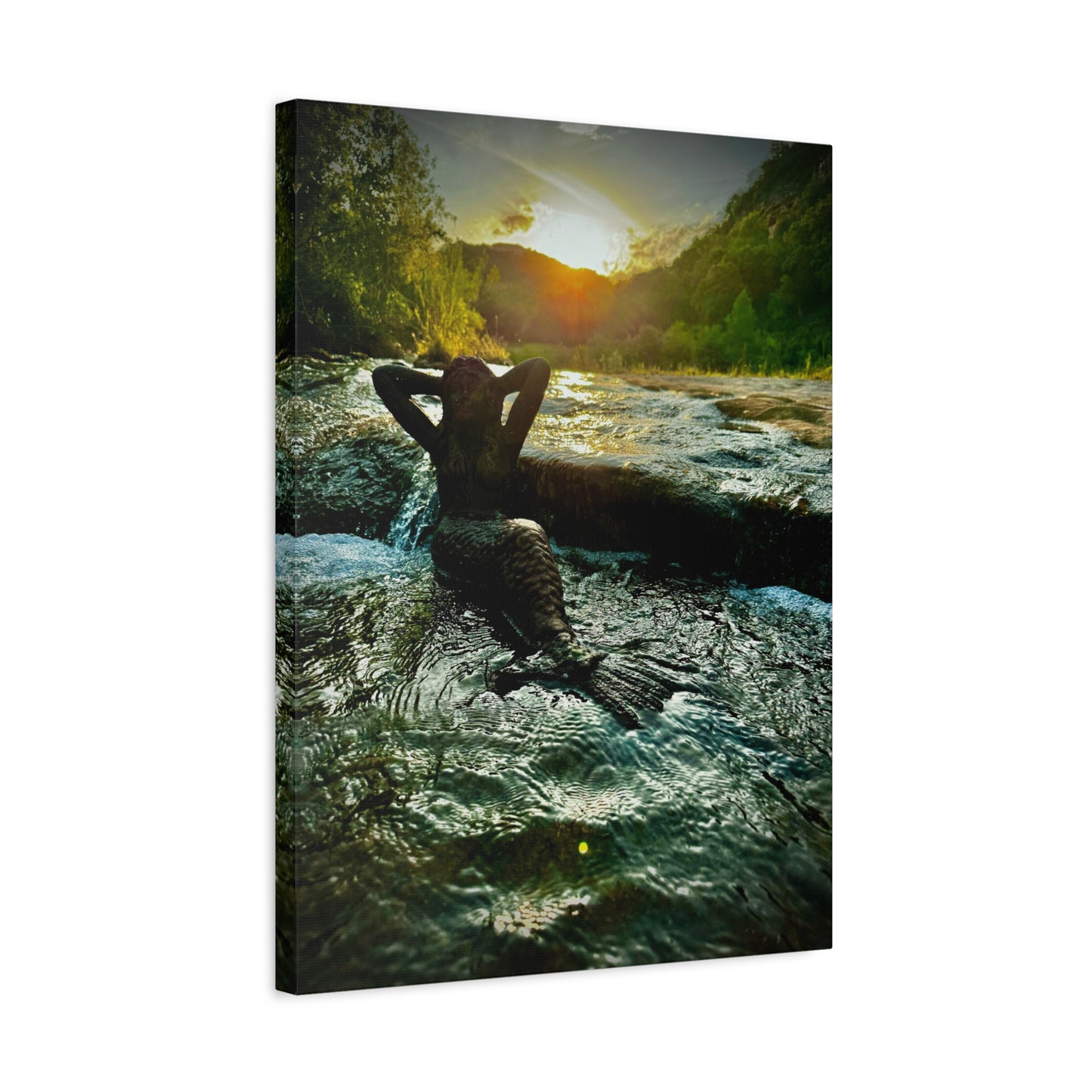 Sunset River Mermaid Canvas Wall Art — Matte Stretched Nature Print