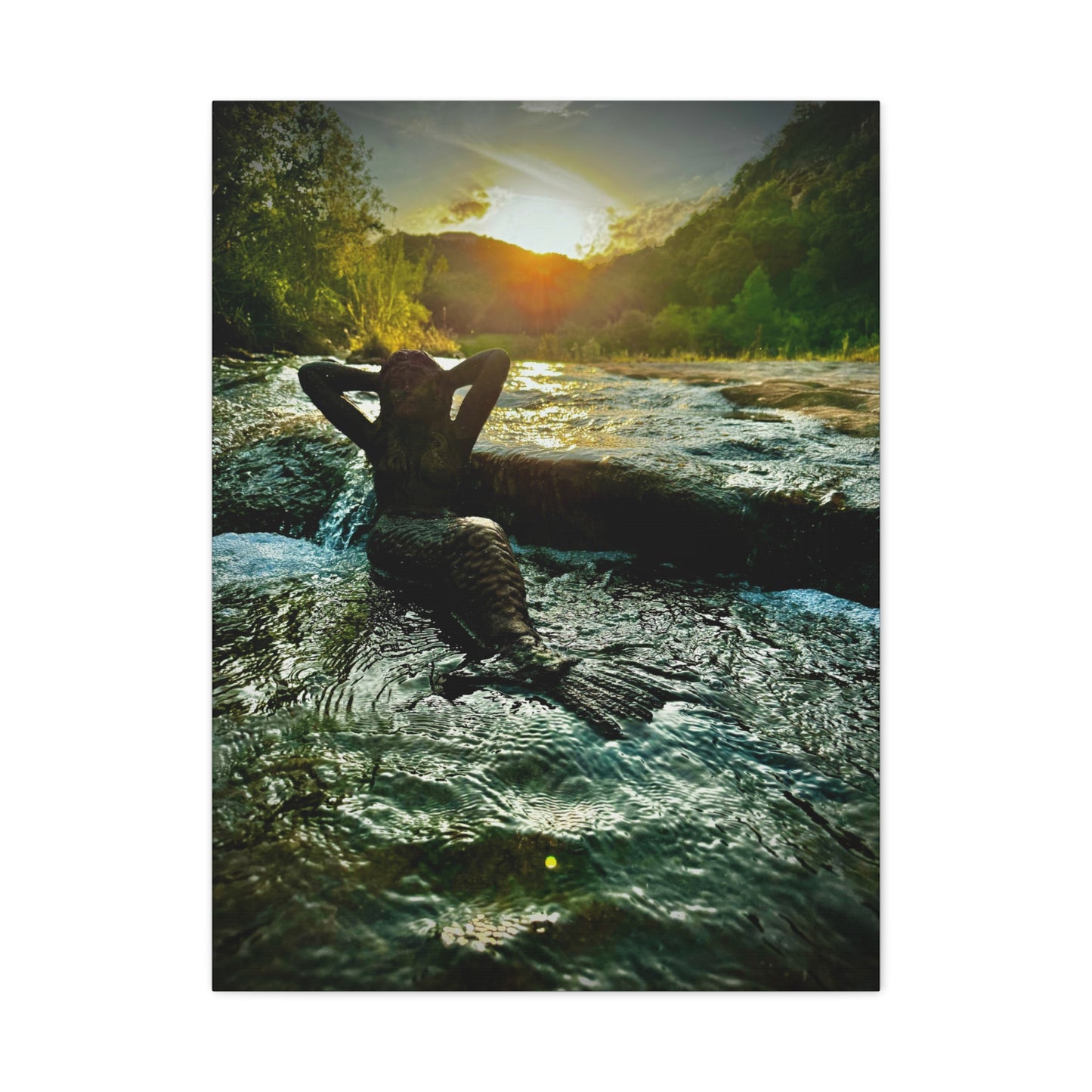 Sunset River Mermaid Canvas Wall Art — Matte Stretched Nature Print