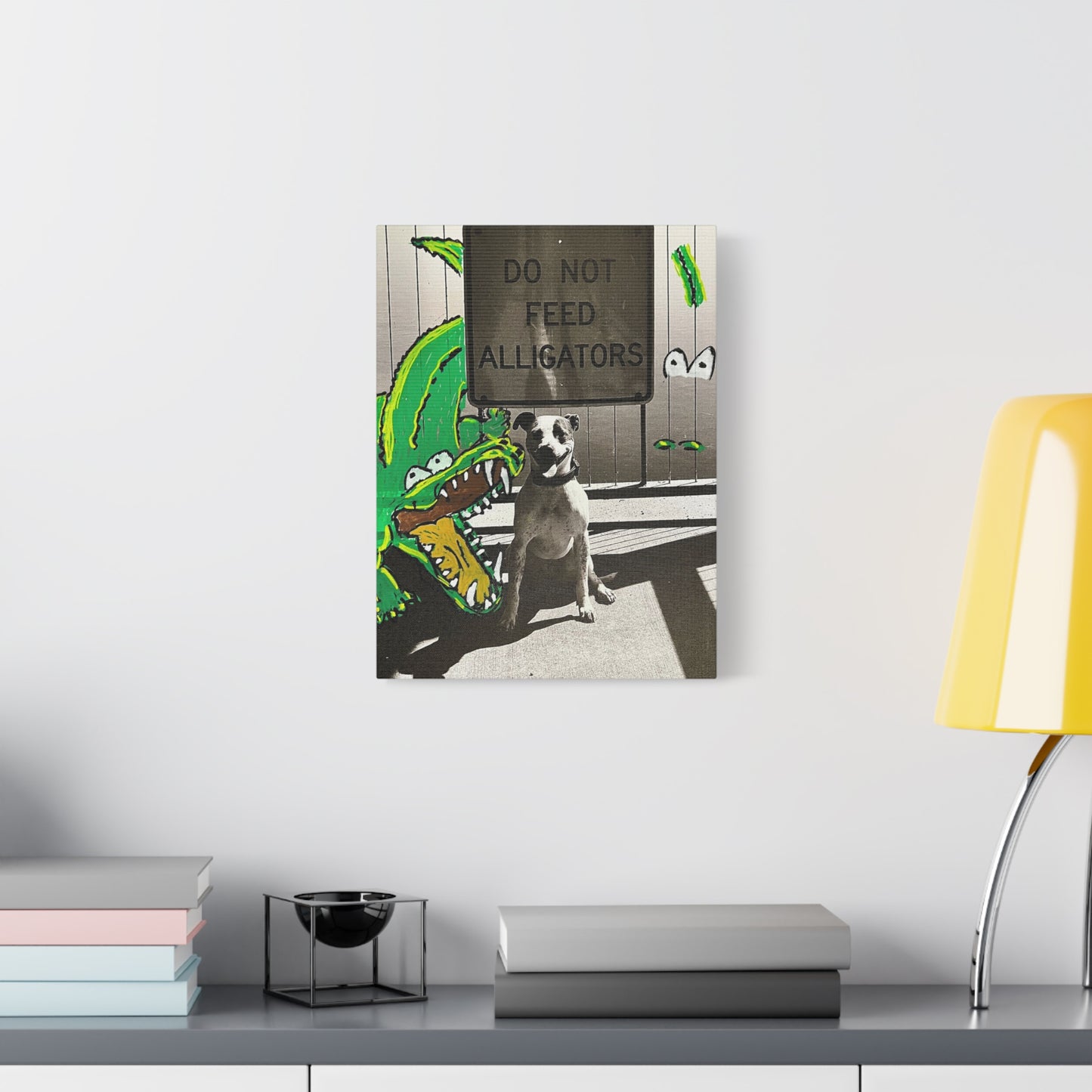 Do Not Feed Alligators Canvas Wall Art — Playful Dog & Cartoon Gator Print