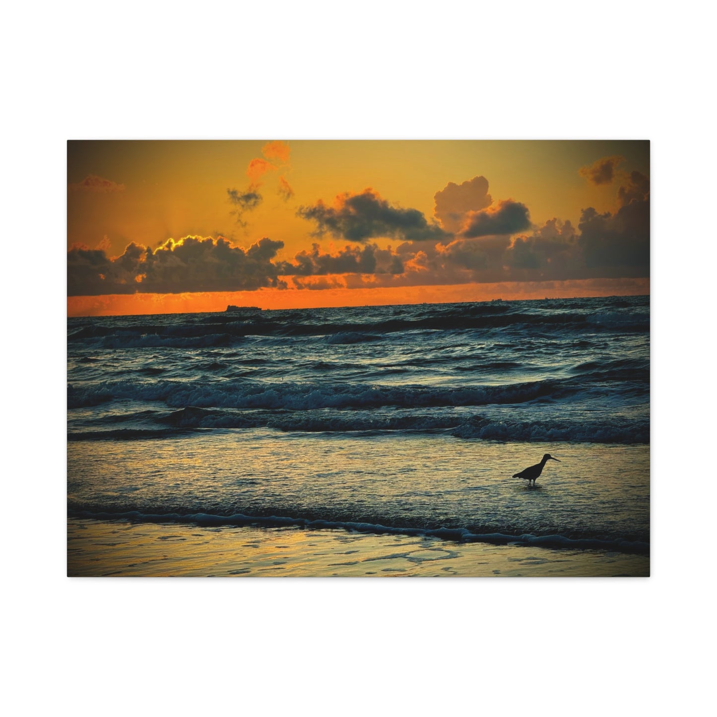 Sunset Seaside Canvas Wall Art — Beach Sunrise with Shorebird