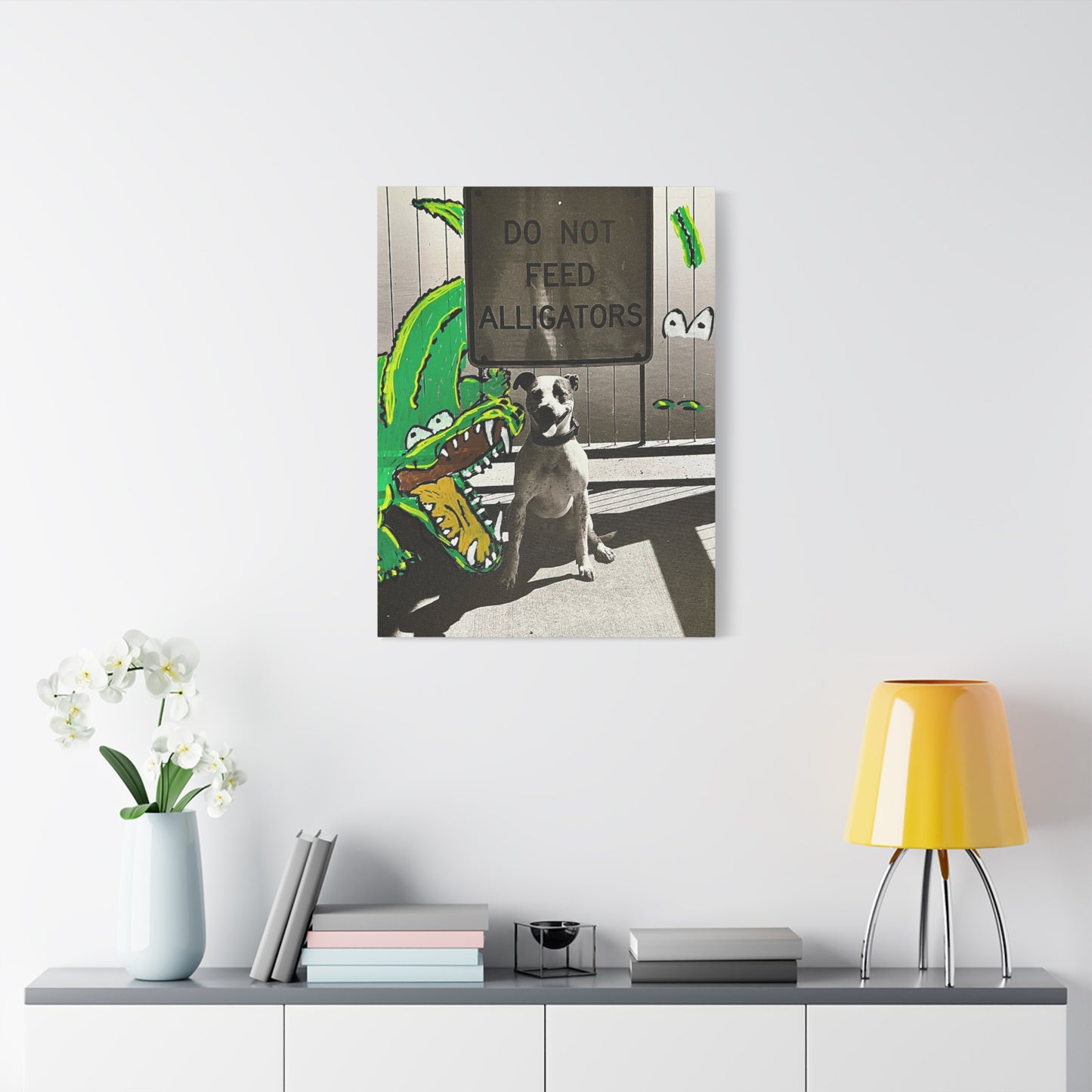 Do Not Feed Alligators Canvas Wall Art — Playful Dog & Cartoon Gator Print