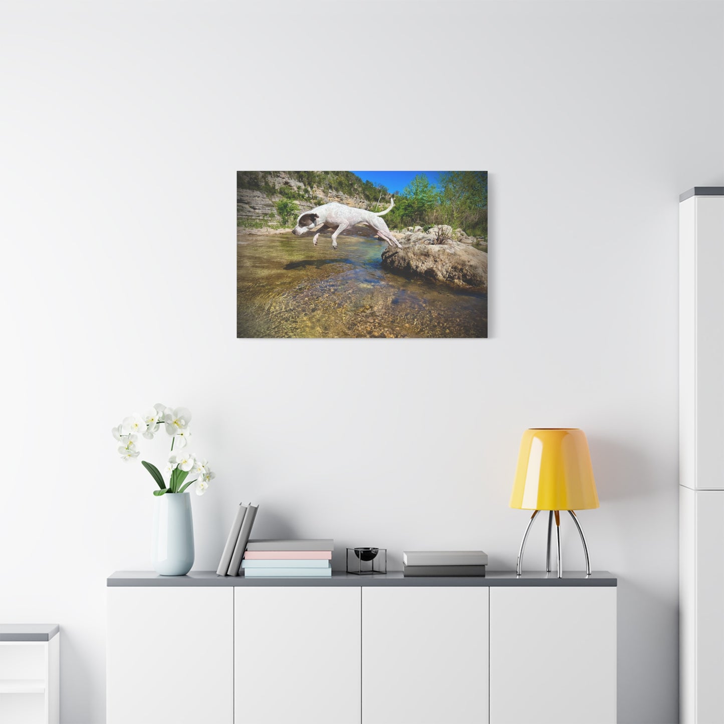 Canvas Print — Dog Leaping Over River | Outdoor Adventure Wall Art