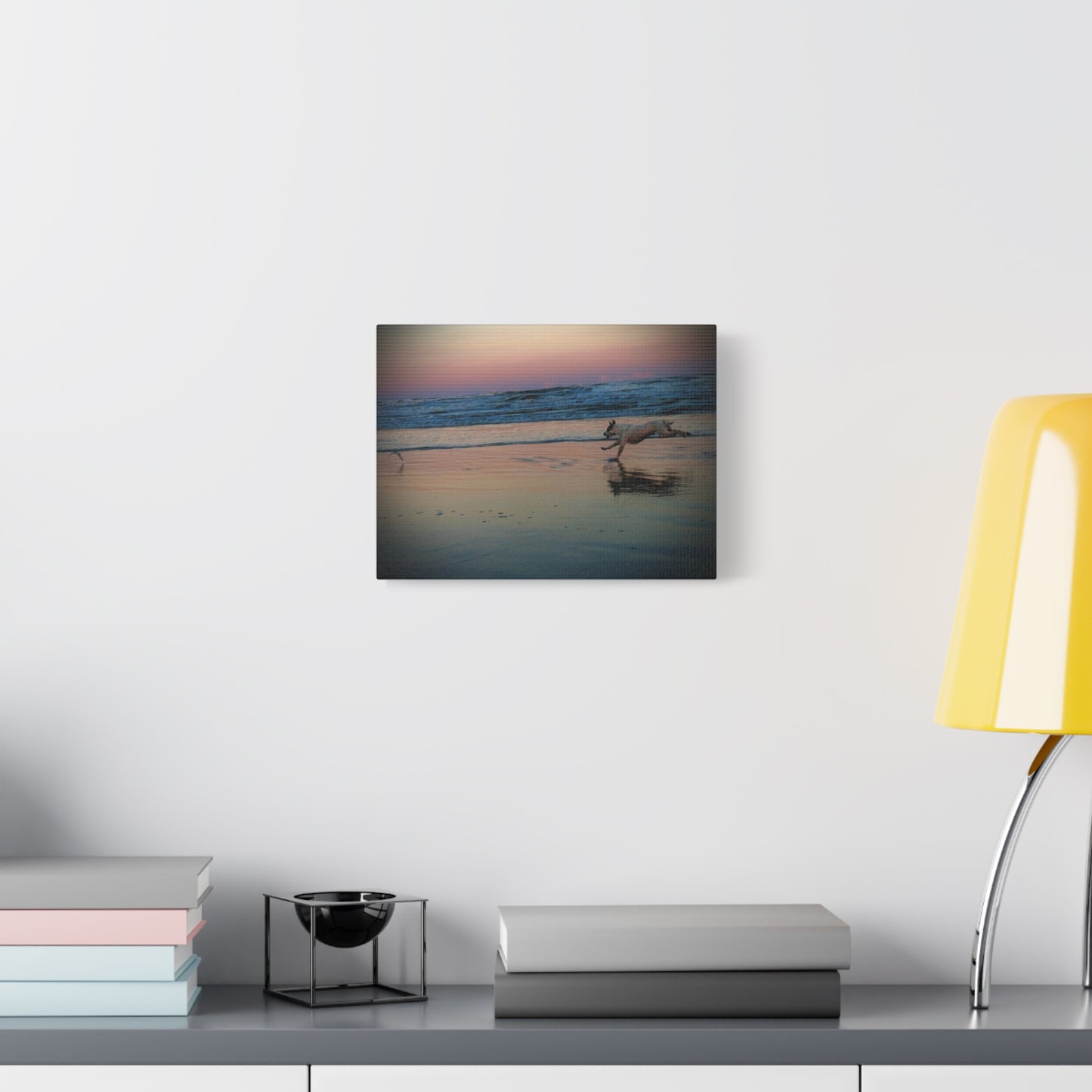 Seaside Sunset Canvas Print — Running Beach Dog Wall Art (Matte Stretched 1.25")