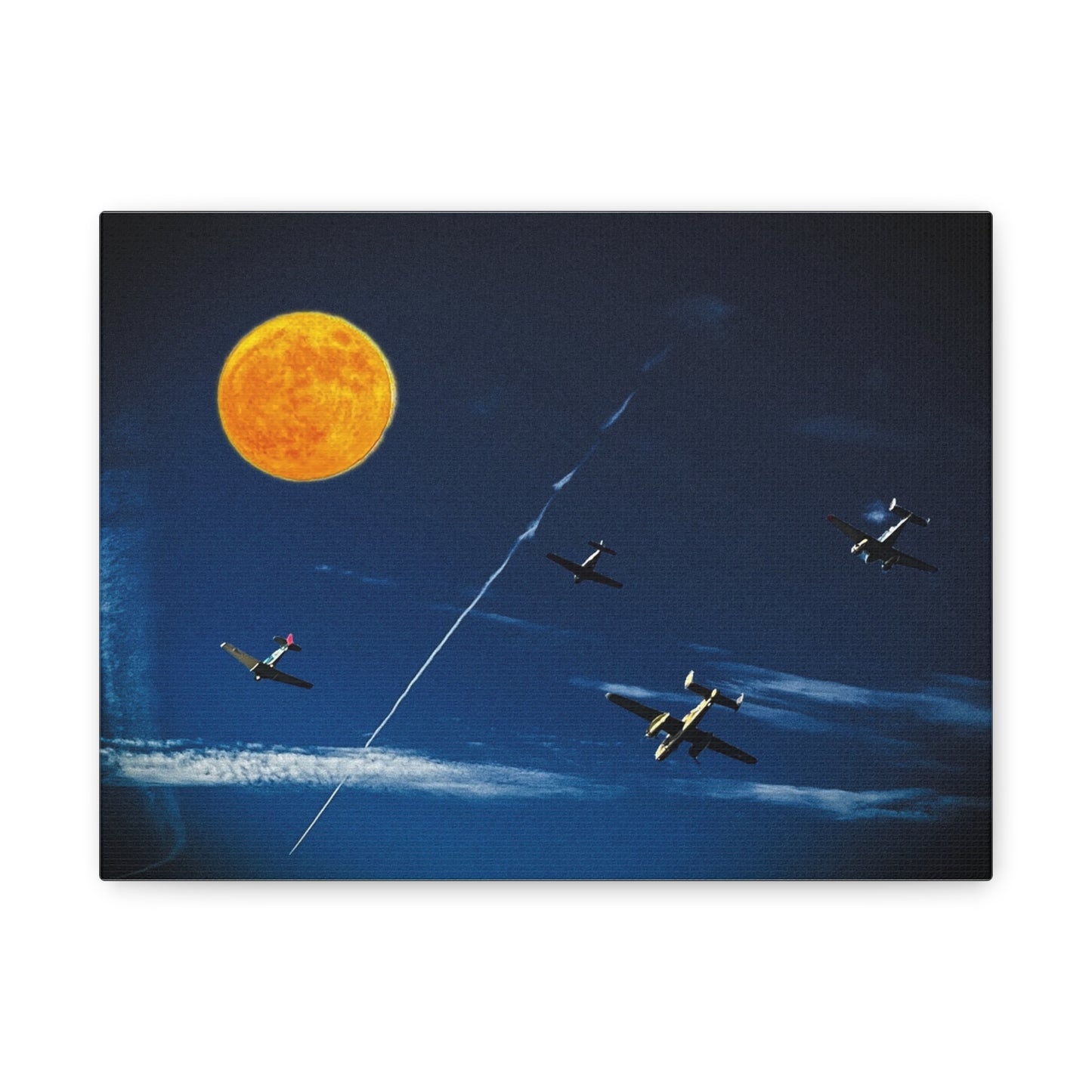 Vintage Aviation Moon Canvas Print — Planes Over Night Sky Matte Stretched Wall Art