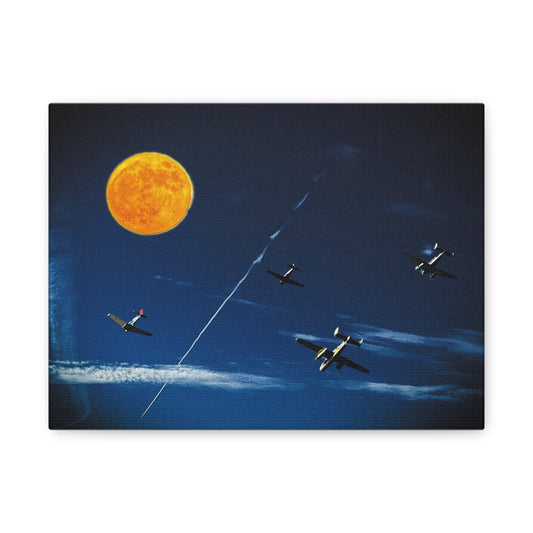 Vintage Aviation Moon Canvas Print — Planes Over Night Sky Matte Stretched Wall Art