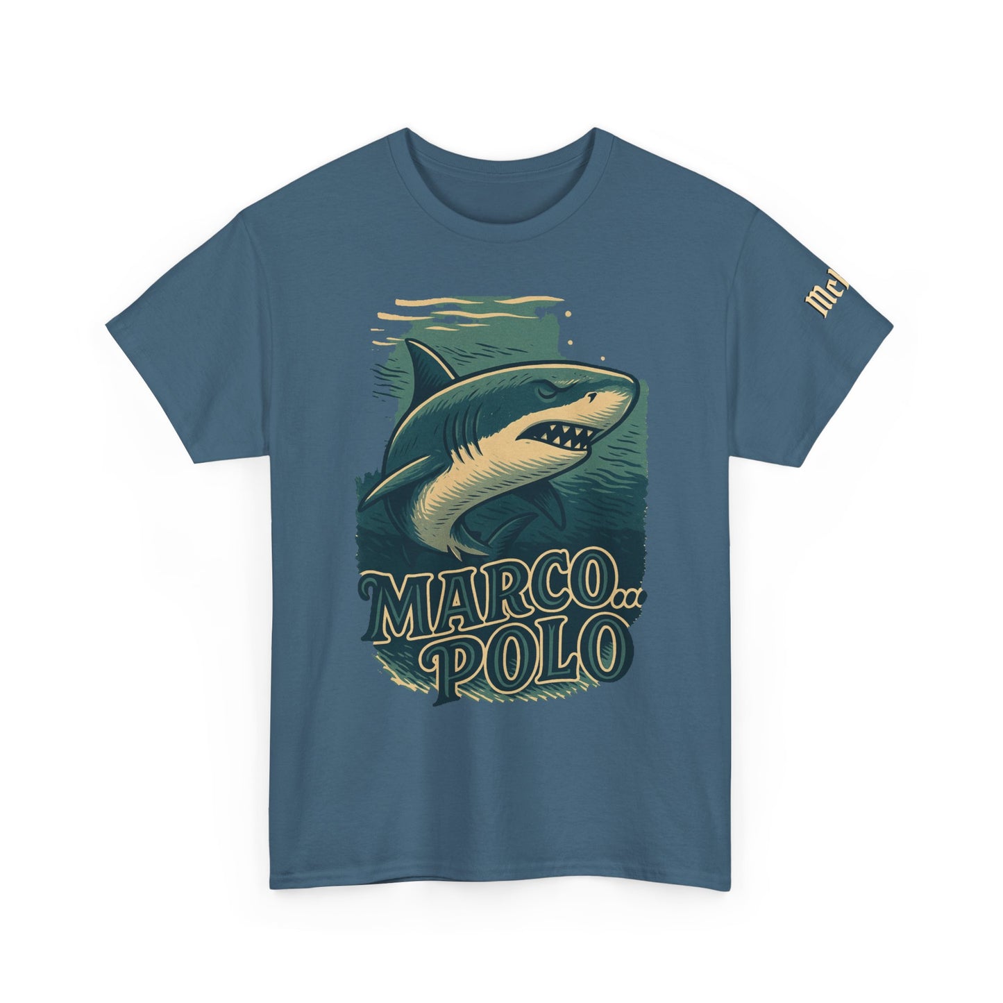 Shark “Marco Polo” Graphic T-Shirt — Retro Ocean Humor Tee