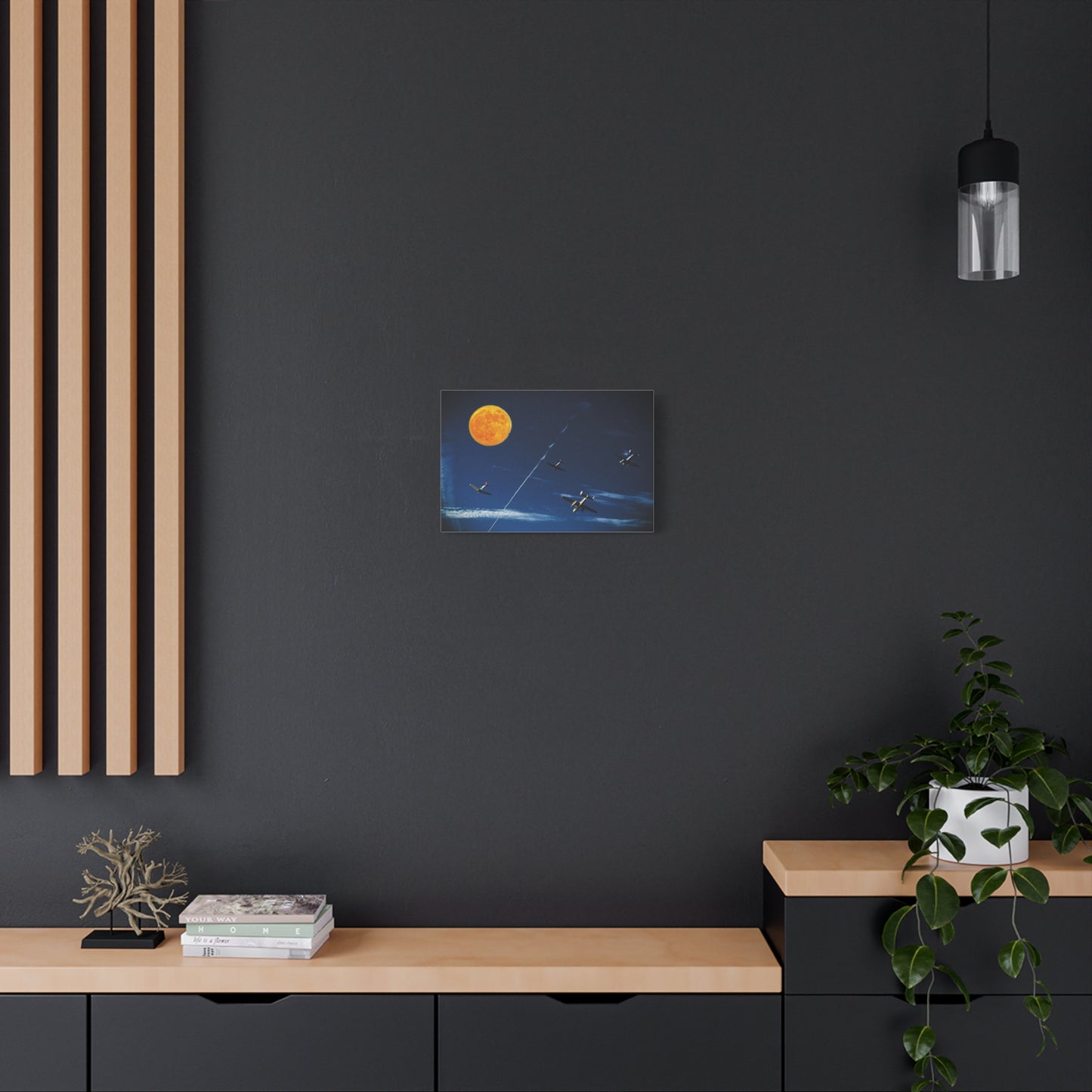 Vintage Aviation Moon Canvas Print — Planes Over Night Sky Matte Stretched Wall Art