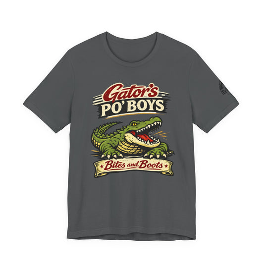 Gator's Po'Boys 'Bites and Boots' Graphic Tee - Cajun Alligator Restaurant Shirt