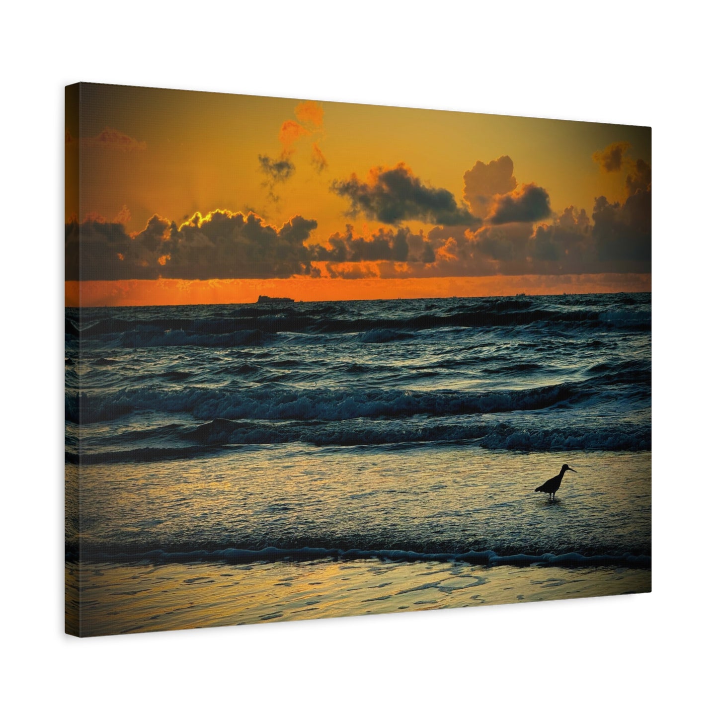 Sunset Seaside Canvas Wall Art — Beach Sunrise with Shorebird
