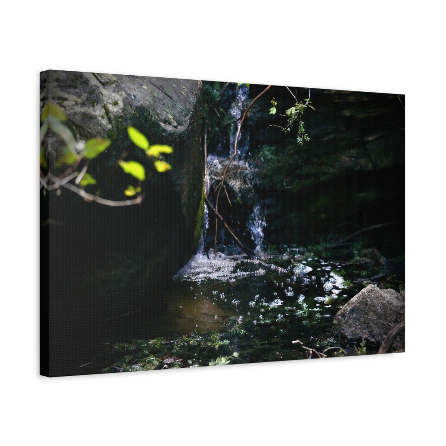 Mountain Waterfall Matte Stretched Canvas Print — Tranquil Woodland Waterfall Photography