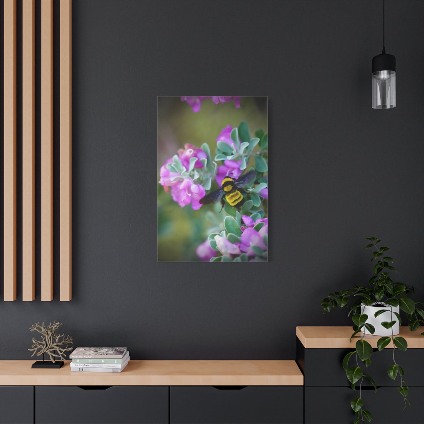Bumblebee on Pink Flowers Matte Stretched Canvas