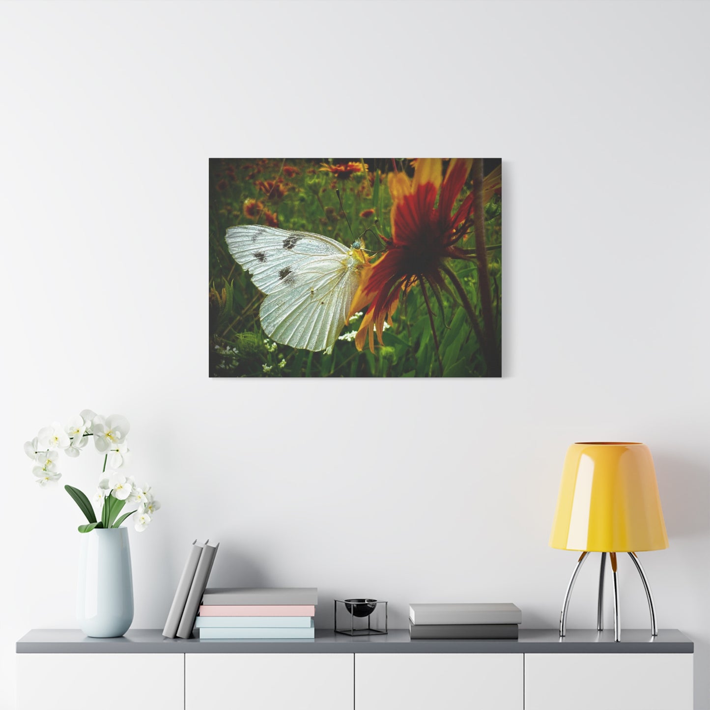 White Butterfly on Wildflower Canvas Print — Nature Wall Art, Garden Butterfly Photography