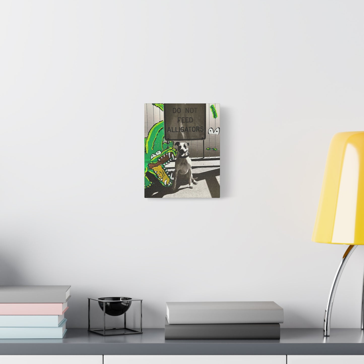 Do Not Feed Alligators Canvas Wall Art — Playful Dog & Cartoon Gator Print