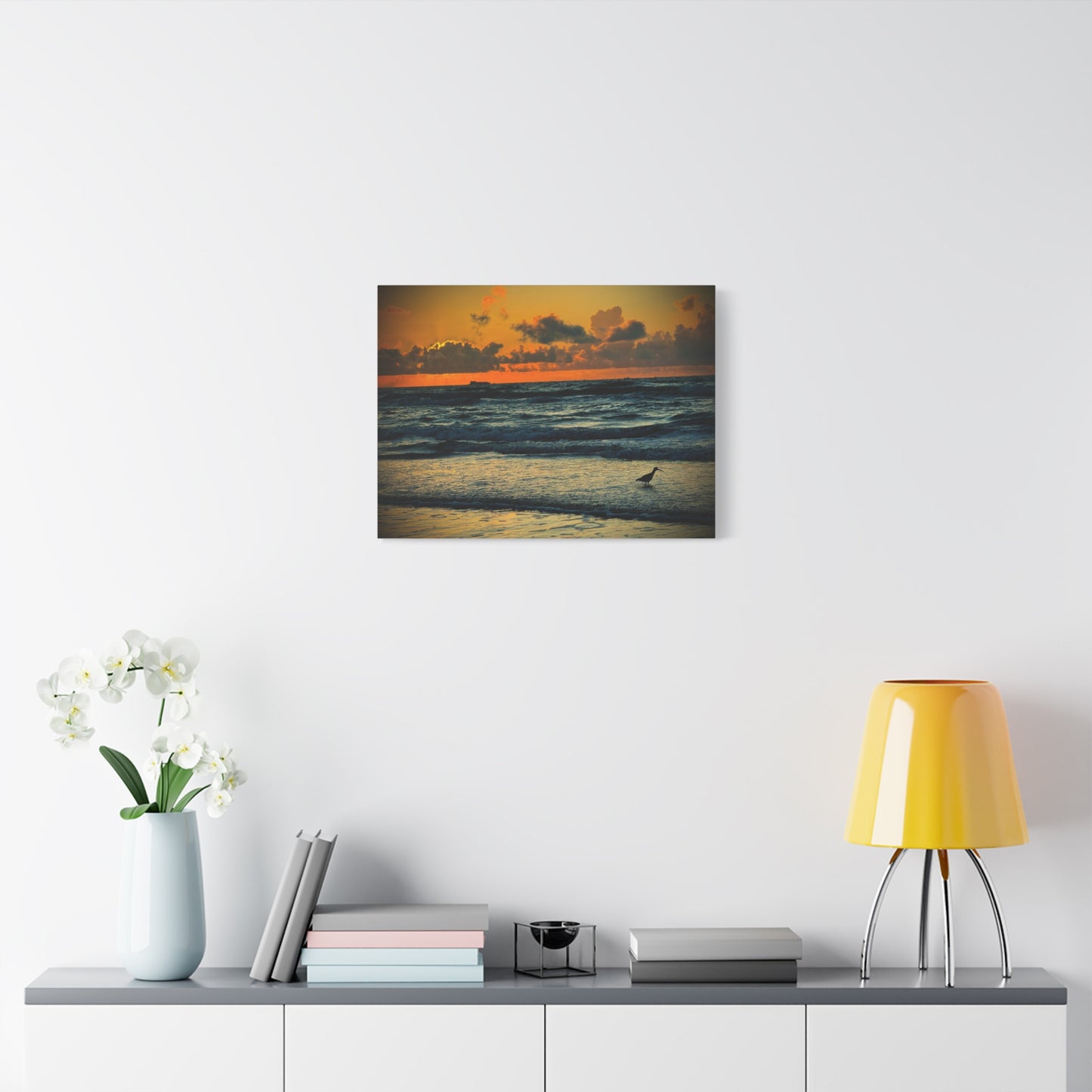 Sunset Seaside Canvas Wall Art — Beach Sunrise with Shorebird