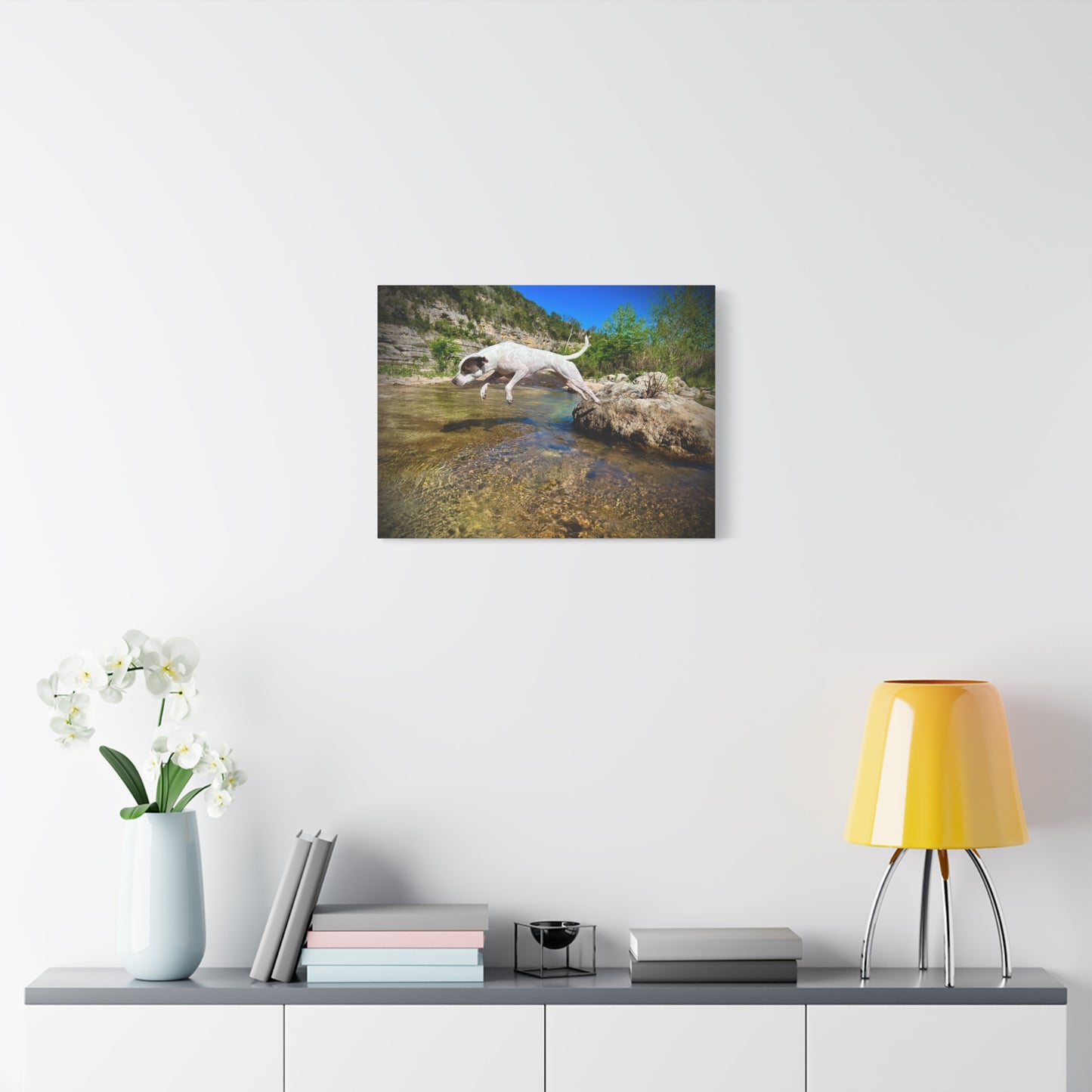 Canvas Print — Dog Leaping Over River | Outdoor Adventure Wall Art