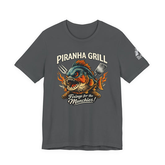 Piranha Grill T‑Shirt — 'Piranha Grill: Fixings for the Munchies' Retro BBQ Tee