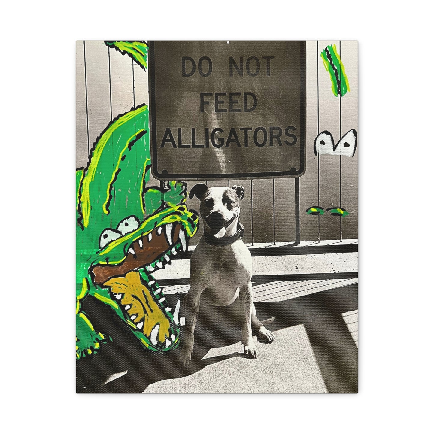 Do Not Feed Alligators Canvas Wall Art — Playful Dog & Cartoon Gator Print