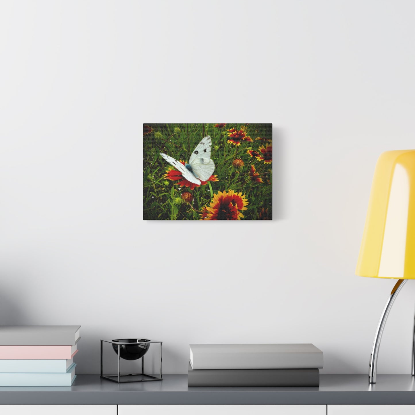 White Butterfly on Indian Blanket Wildflowers Matte Canvas Wall Art