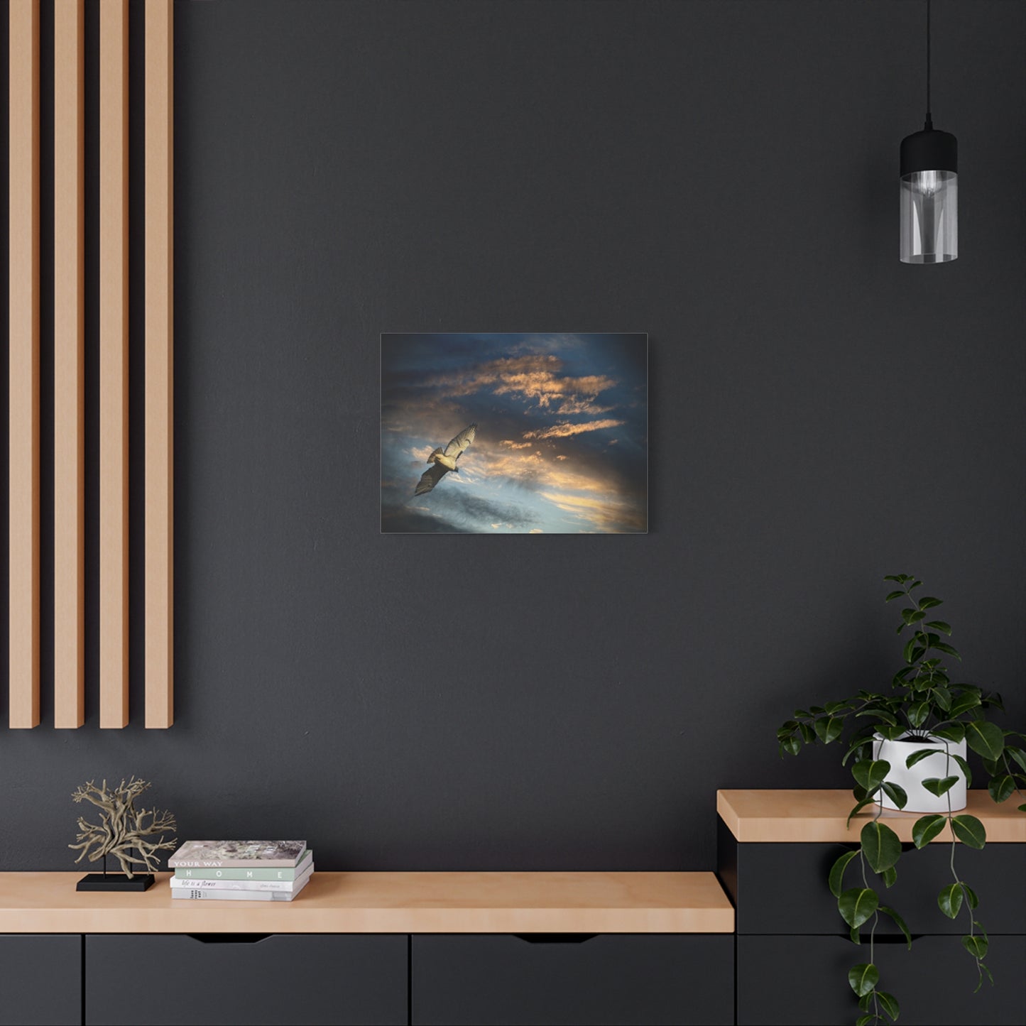 Hawk at Sunset Matte Canvas Print — Coastal Wall Art, Tranquil Ocean Sky
