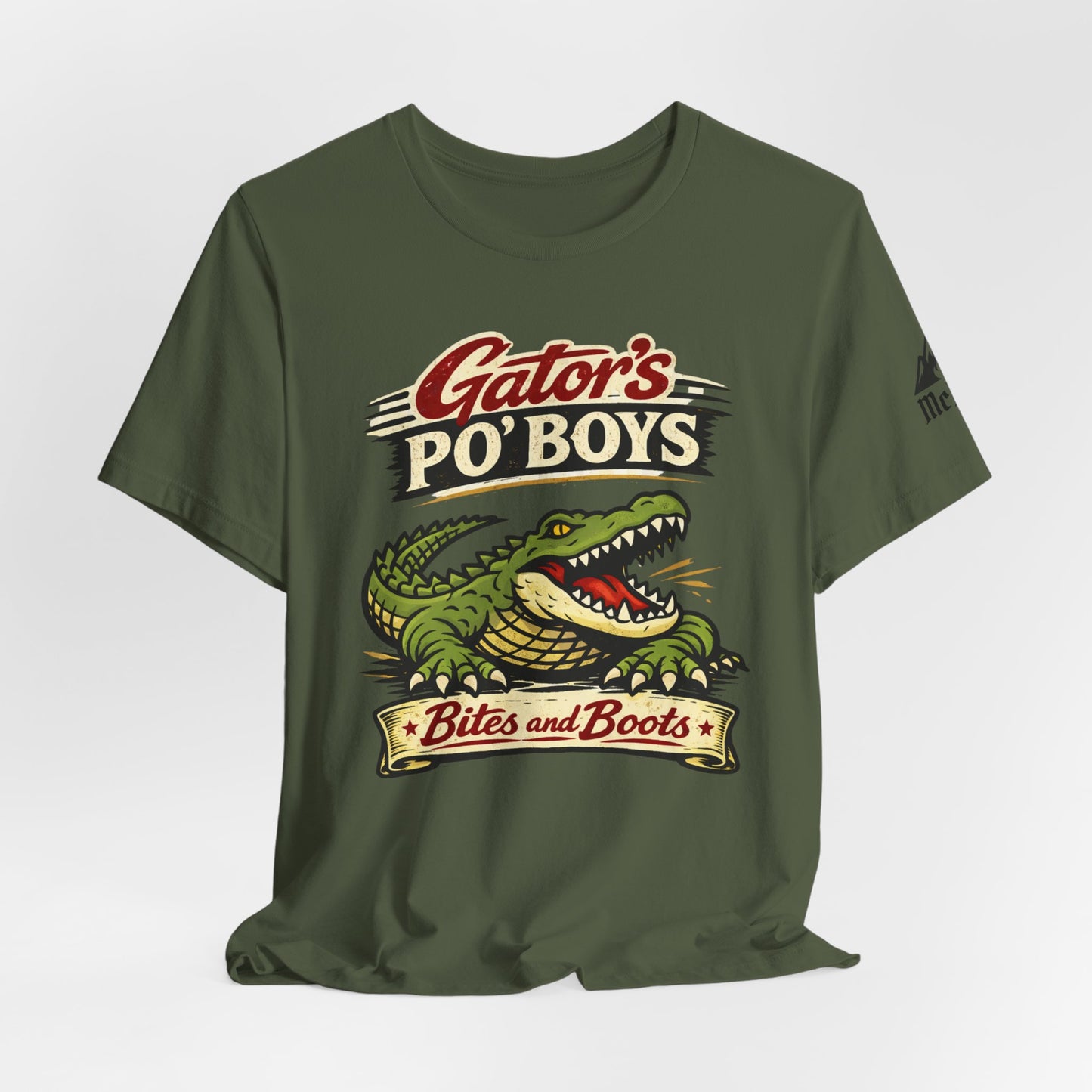 Gator's Po'Boys 'Bites and Boots' Graphic Tee - Cajun Alligator Restaurant Shirt