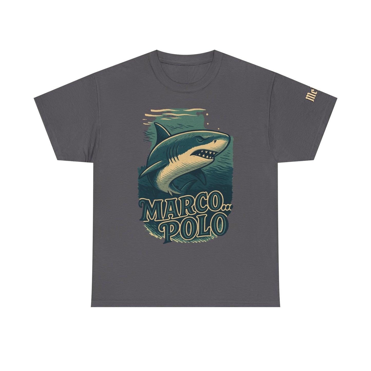 Shark “Marco Polo” Graphic T-Shirt — Retro Ocean Humor Tee