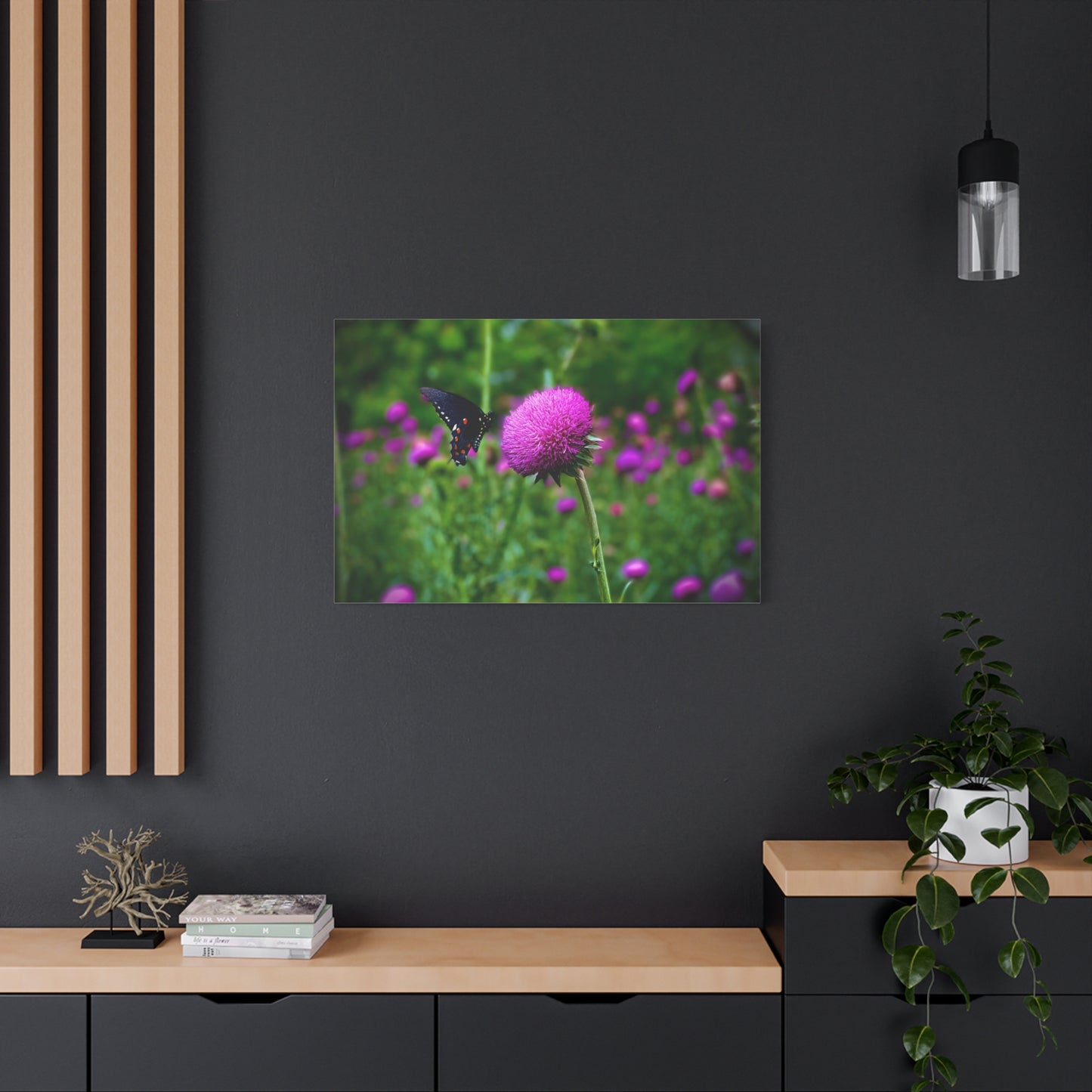 Butterfly on Pink Thistle Canvas Print — Floral Nature Wall Art