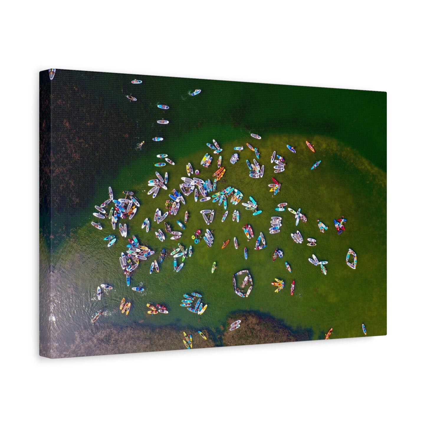 Aerial Austin Lake Crowd Matte Canvas Print — Colorful Summer Kayaks and SUP Boards Wall Art