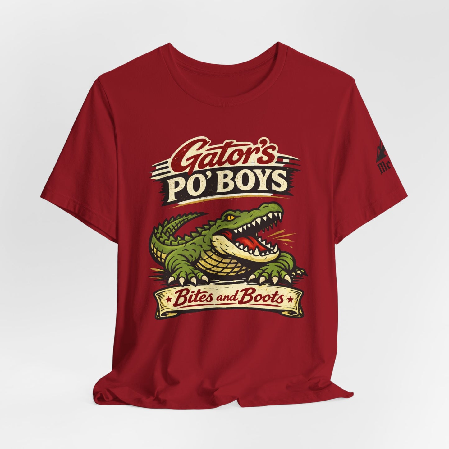Gator's Po'Boys 'Bites and Boots' Graphic Tee - Cajun Alligator Restaurant Shirt